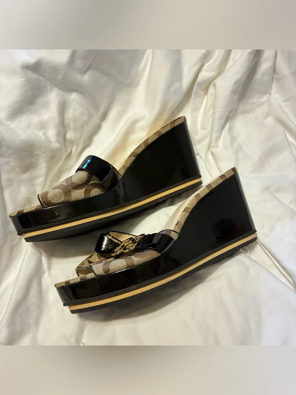 Coach Brown Signature Canvas Mules with Black Patent Accent